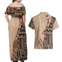Bula Fiji Couples Matching Off Shoulder Maxi Dress and Hawaiian Shirt Tribal Masi Tapa - Beige LT7 - Wonder Print Shop
