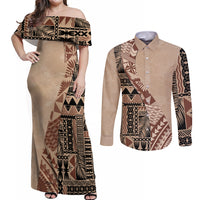 Bula Fiji Couples Matching Off Shoulder Maxi Dress and Long Sleeve Button Shirt Tribal Masi Tapa - Beige LT7 - Wonder Print Shop