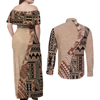 Bula Fiji Couples Matching Off Shoulder Maxi Dress and Long Sleeve Button Shirt Tribal Masi Tapa - Beige LT7 - Wonder Print Shop