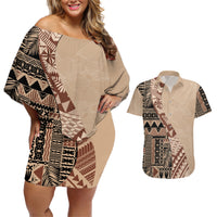 Bula Fiji Couples Matching Off Shoulder Short Dress and Hawaiian Shirt Tribal Masi Tapa - Beige LT7 - Wonder Print Shop