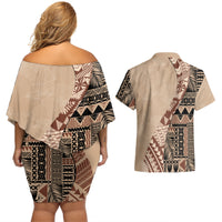Bula Fiji Couples Matching Off Shoulder Short Dress and Hawaiian Shirt Tribal Masi Tapa - Beige LT7 - Wonder Print Shop