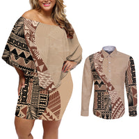 Bula Fiji Couples Matching Off Shoulder Short Dress and Long Sleeve Button Shirt Tribal Masi Tapa - Beige LT7 - Wonder Print Shop