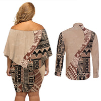 Bula Fiji Couples Matching Off Shoulder Short Dress and Long Sleeve Button Shirt Tribal Masi Tapa - Beige LT7 - Wonder Print Shop