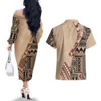 Bula Fiji Couples Matching Off The Shoulder Long Sleeve Dress and Hawaiian Shirt Tribal Masi Tapa - Beige LT7 - Wonder Print Shop