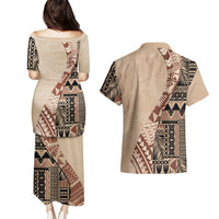 Bula Fiji Couples Matching Puletasi Dress and Hawaiian Shirt Tribal Masi Tapa - Beige LT7 - Wonder Print Shop