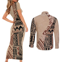 Bula Fiji Couples Matching Short Sleeve Bodycon Dress and Long Sleeve Button Shirt Tribal Masi Tapa - Beige LT7 - Wonder Print Shop