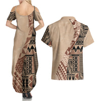 Bula Fiji Couples Matching Summer Maxi Dress and Hawaiian Shirt Tribal Masi Tapa - Beige LT7 - Wonder Print Shop