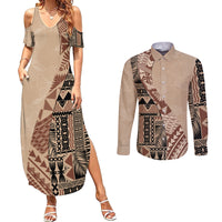 Bula Fiji Couples Matching Summer Maxi Dress and Long Sleeve Button Shirt Tribal Masi Tapa - Beige LT7 - Wonder Print Shop