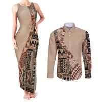 Bula Fiji Couples Matching Tank Maxi Dress and Hawaiian Shirt Tribal Masi Tapa - Beige LT7 - Wonder Print Shop