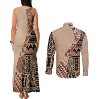 Bula Fiji Couples Matching Tank Maxi Dress and Hawaiian Shirt Tribal Masi Tapa - Beige LT7 - Wonder Print Shop