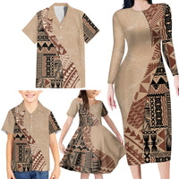 Bula Fiji Family Matching Long Sleeve Bodycon Dress and Hawaiian Shirt Tribal Masi Tapa - Beige LT7 - Wonder Print Shop