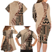 Bula Fiji Family Matching Long Sleeve Bodycon Dress and Hawaiian Shirt Tribal Masi Tapa - Beige LT7 - Wonder Print Shop