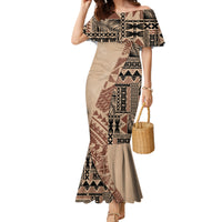 Bula Fiji Family Matching Mermaid Dress and Hawaiian Shirt Tribal Masi Tapa - Beige LT7 - Wonder Print Shop