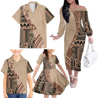 Bula Fiji Family Matching Off Shoulder Long Sleeve Dress and Hawaiian Shirt Tribal Masi Tapa - Beige - Wonder Print Shop