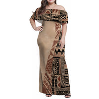 Bula Fiji Off Shoulder Maxi Dress Tribal Masi Tapa - Beige - Wonder Print Shop