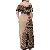 Bula Fiji Off Shoulder Maxi Dress Tribal Masi Tapa - Beige - Wonder Print Shop