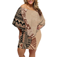Bula Fiji Off Shoulder Short Dress Tribal Masi Tapa - Beige - Wonder Print Shop