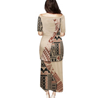 Bula Fiji Family Matching Puletasi Dress and Hawaiian Shirt Tribal Masi Tapa - Beige - Wonder Print Shop