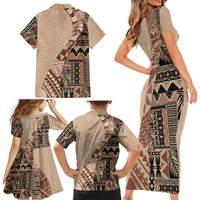 Bula Fiji Family Matching Short Sleeve Bodycon Dress and Hawaiian Shirt Tribal Masi Tapa - Beige - Wonder Print Shop