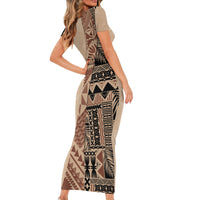 Bula Fiji Family Matching Short Sleeve Bodycon Dress and Hawaiian Shirt Tribal Masi Tapa - Beige - Wonder Print Shop