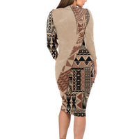 Bula Fiji Family Matching Long Sleeve Bodycon Dress and Hawaiian Shirt Tribal Masi Tapa - Beige LT7 - Wonder Print Shop