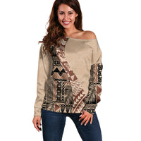 Bula Fiji Off Shoulder Sweater Tribal Masi Tapa - Beige - Wonder Print Shop