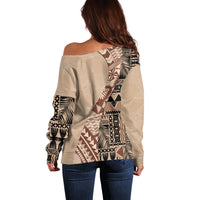 Bula Fiji Off Shoulder Sweater Tribal Masi Tapa - Beige - Wonder Print Shop