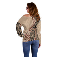 Bula Fiji Off Shoulder Sweater Tribal Masi Tapa - Beige - Wonder Print Shop
