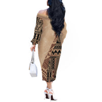 Bula Fiji Off The Shoulder Long Sleeve Dress Tribal Masi Tapa - Beige - Wonder Print Shop