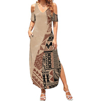 Bula Fiji Summer Maxi Dress Tribal Masi Tapa - Beige - Wonder Print Shop