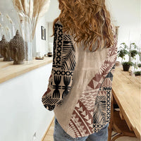 Bula Fiji Women Casual Shirt Tribal Masi Tapa - Beige - Wonder Print Shop