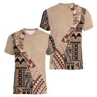 Bula Fiji Women V Neck T Shirt Tribal Masi Tapa - Beige - Wonder Print Shop