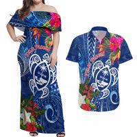 Guam Christmas Couples Matching Off Shoulder Maxi Dress and Hawaiian Shirt Turtle Mix Tapa Felis Pasgua LT7 - Wonder Print Shop