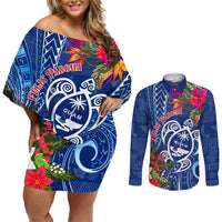 Guam Christmas Couples Matching Off Shoulder Short Dress and Long Sleeve Button Shirt Turtle Mix Tapa Felis Pasgua LT7 - Wonder Print Shop