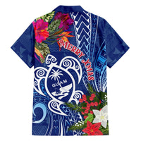 Blue Hawaiian shirt with 'Merry Xmas' and floral leaf print, short sleeves