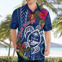 Blue Hawaiian shirt with 'Feliz Pasgua' graphic and palm and floral print, short sleeves