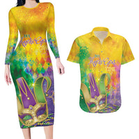 Mardi Gras Couples Matching Long Sleeve Bodycon Dress and Hawaiian Shirt Watercolor Mix - Carnival Bling LT7 - Wonder Print Shop