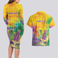 Mardi Gras Couples Matching Long Sleeve Bodycon Dress and Hawaiian Shirt Watercolor Mix - Carnival Bling LT7 - Wonder Print Shop
