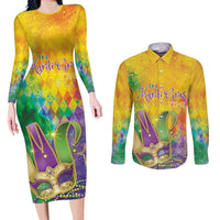 Mardi Gras Couples Matching Long Sleeve Bodycon Dress and Long Sleeve Button Shirt Watercolor Mix - Carnival Bling LT7 - Wonder Print Shop