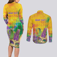 Mardi Gras Couples Matching Long Sleeve Bodycon Dress and Long Sleeve Button Shirt Watercolor Mix - Carnival Bling LT7 - Wonder Print Shop