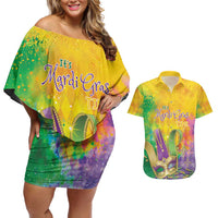 Mardi Gras Couples Matching Off Shoulder Short Dress and Hawaiian Shirt Watercolor Mix - Carnival Bling LT7 - Wonder Print Shop