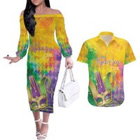 Mardi Gras Couples Matching Off The Shoulder Long Sleeve Dress and Hawaiian Shirt Watercolor Mix - Carnival Bling LT7 - Wonder Print Shop