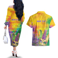 Mardi Gras Couples Matching Off The Shoulder Long Sleeve Dress and Hawaiian Shirt Watercolor Mix - Carnival Bling LT7 - Wonder Print Shop