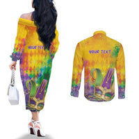 Mardi Gras Couples Matching Off The Shoulder Long Sleeve Dress and Long Sleeve Button Shirt Watercolor Mix - Carnival Bling