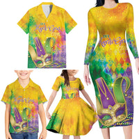 Mardi Gras Family Matching Long Sleeve Bodycon Dress and Hawaiian Shirt Watercolor Mix - Carnival Bling LT7 - Wonder Print Shop