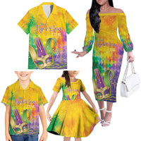 Mardi Gras Family Matching Off The Shoulder Long Sleeve Dress and Hawaiian Shirt Watercolor Mix - Carnival Bling - Wonder Print Shop