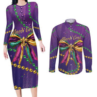 Mardi Gras Couples Matching Long Sleeve Bodycon Dress and Long Sleeve Button Shirt Coquette Bow Glitter Motifs LT7 - Wonder Print Shop