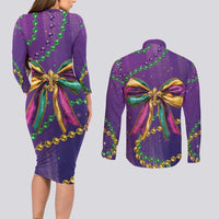 Mardi Gras Couples Matching Long Sleeve Bodycon Dress and Long Sleeve Button Shirt Coquette Bow Glitter Motifs LT7 - Wonder Print Shop