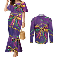 Mardi Gras Couples Matching Mermaid Dress and Long Sleeve Button Shirt Coquette Bow Glitter Motifs