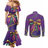 Mardi Gras Couples Matching Mermaid Dress and Long Sleeve Button Shirt Coquette Bow Glitter Motifs